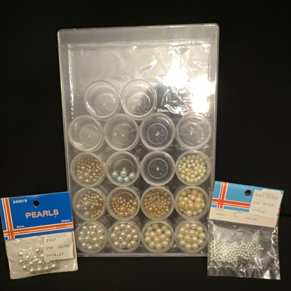 Vintage Round Pearl Beads Assortment Sizes White Cream Light Blue Repair/Craft